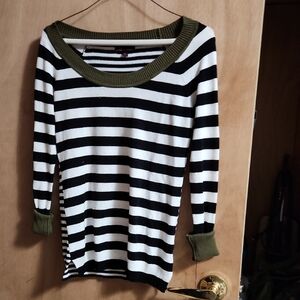 t/o Black and White Striped Sweatshirt with Olive Accents